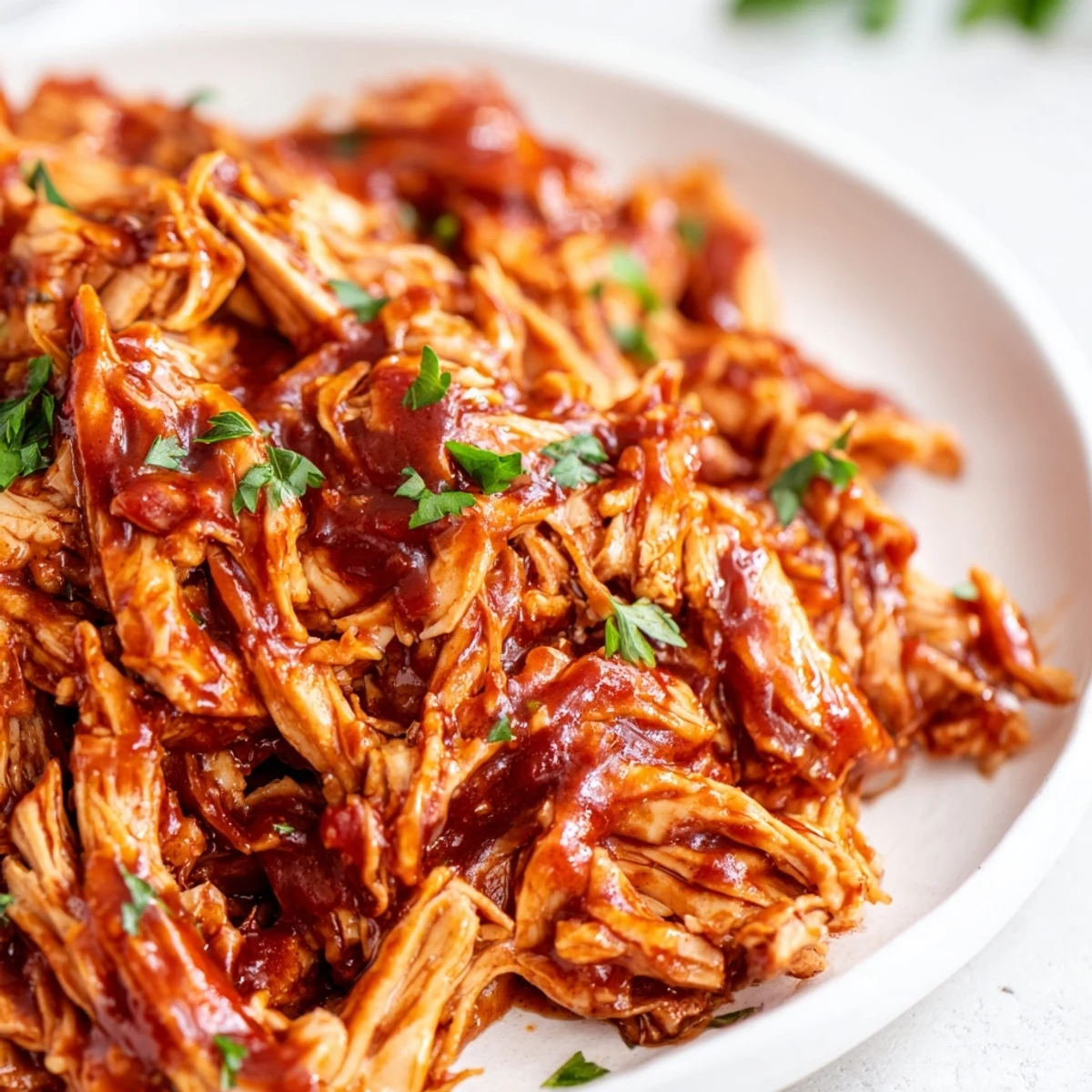 Tender Sweet Baby Ray's crockpot chicken glazed in rich, sticky barbecue sauce on a white plate