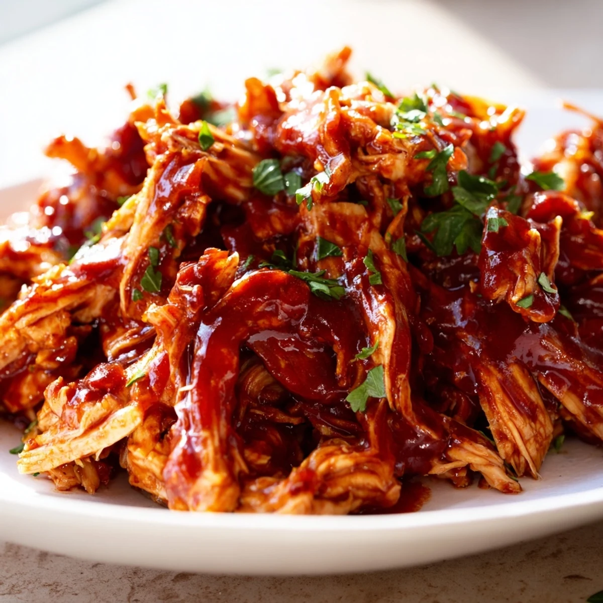 Slow-cooked Sweet Baby Ray's crockpot chicken shredded and coated in glossy, smoky-sweet barbecue glaze