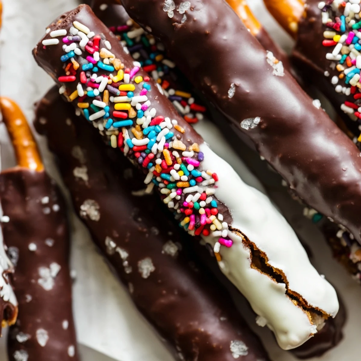 Chocolate covered pretzels for Easter with pastel sprinkles on a rustic wooden serving board