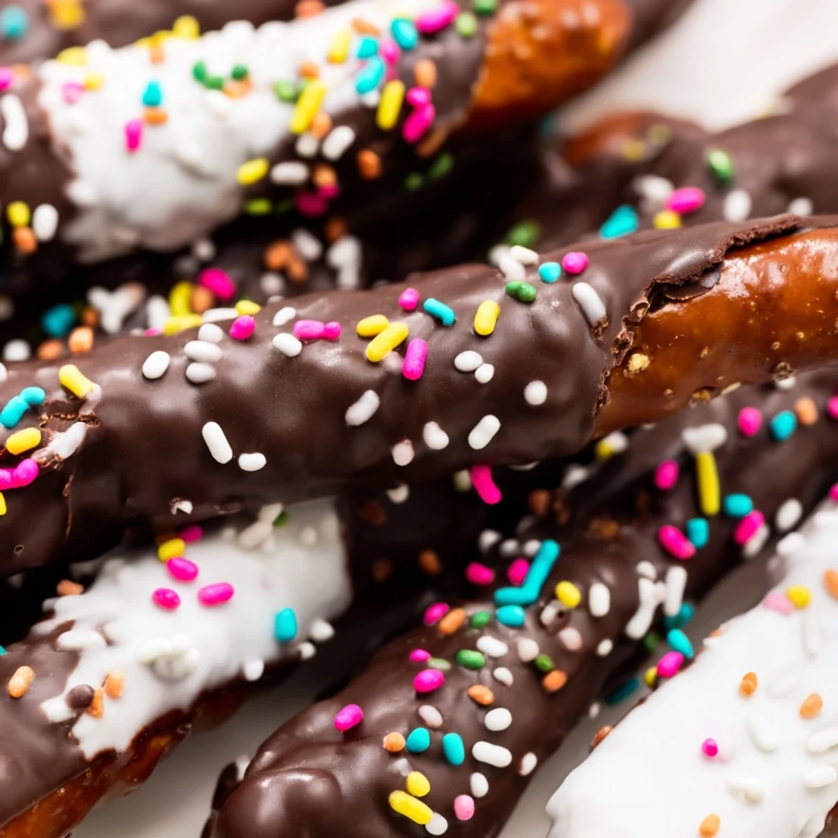 Golden pretzel rods dipped in glossy chocolate topped with colorful Easter candy sprinkles