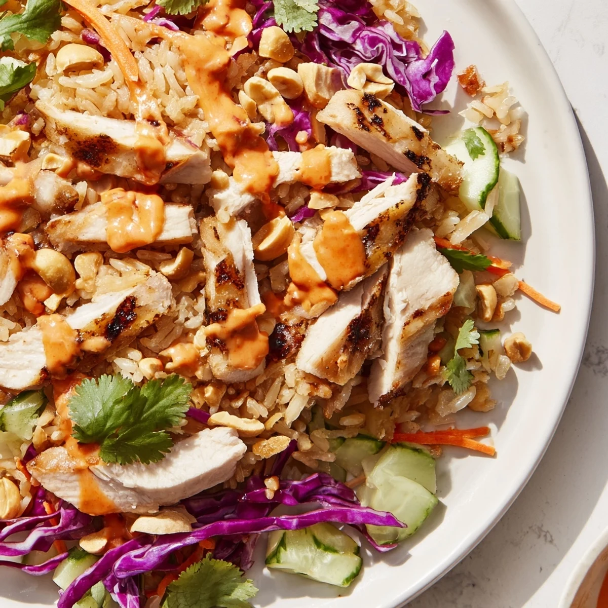 Crispy golden rice crowns this colorful Bang Bang Chicken salad drizzled with creamy spicy sauce