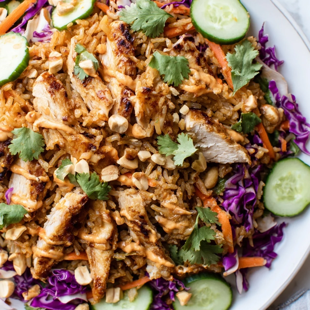 Tender sliced chicken rests atop vibrant vegetables and crunchy crispy rice in Bang Bang Chicken salad