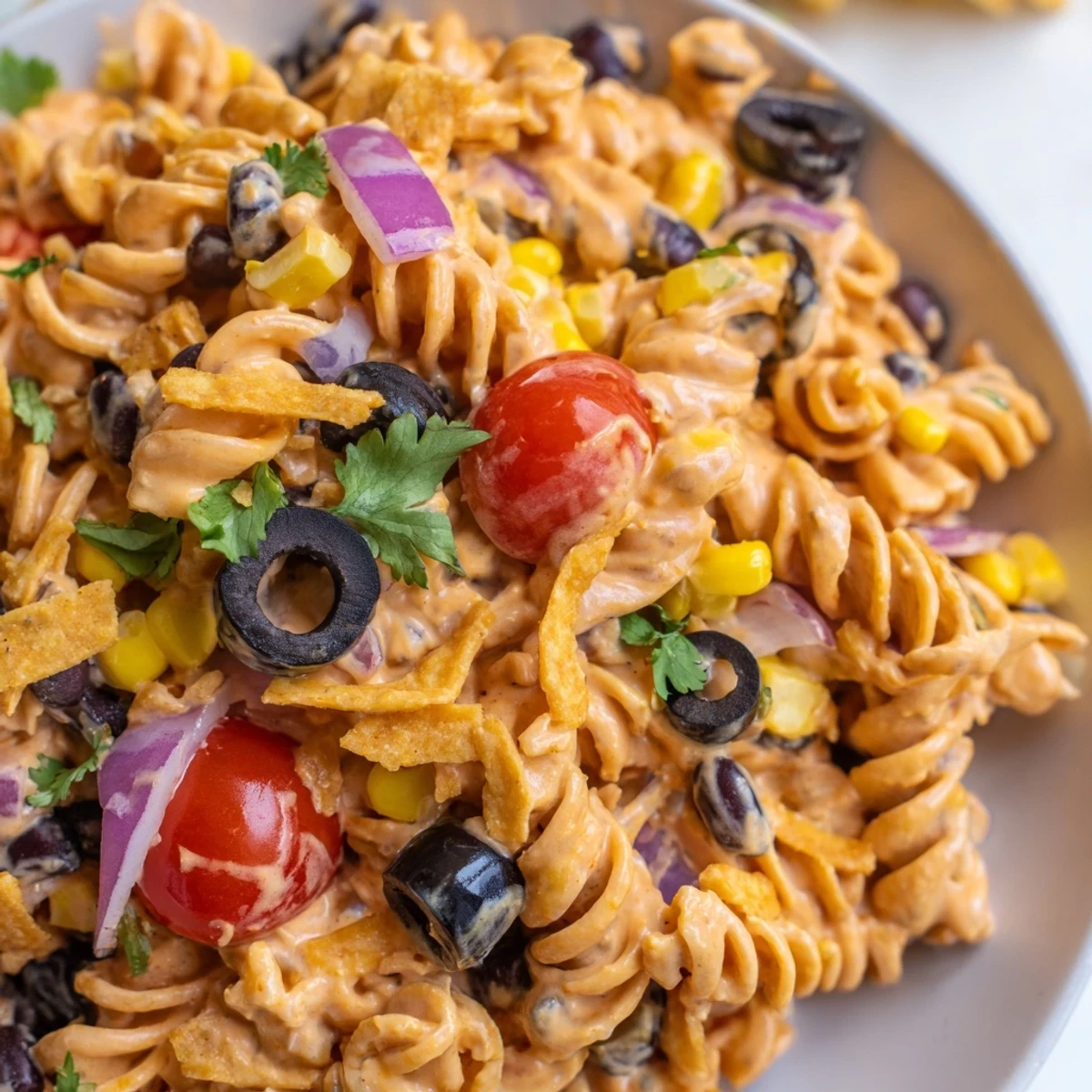 Colorful taco pasta salad in a serving bowl with shredded cheese and fresh vegetables