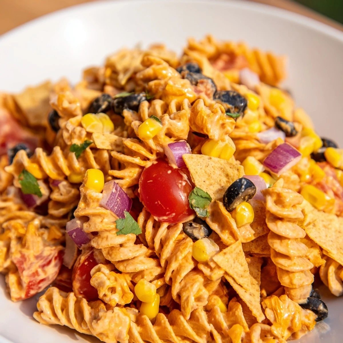 Creamy taco pasta salad topped with crushed tortilla chips and bright cilantro garnish