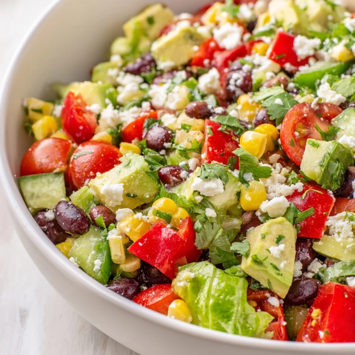 Colorful Mexican chopped salad in a white bowl with fresh vegetables and zesty lime dressing
