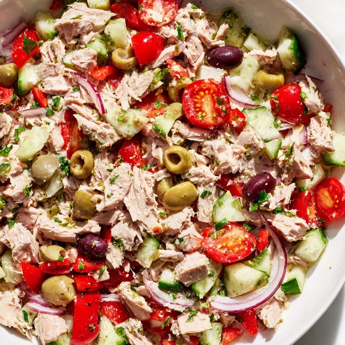 Colorful Mediterranean tuna salad tossed in zesty lemon dressing, served in a shallow white bowl