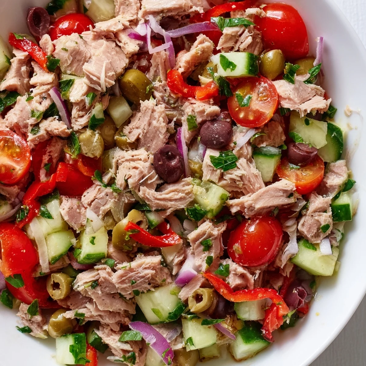 Fresh Mediterranean tuna salad featuring capers, roasted red peppers, and herbs on a sunny patio