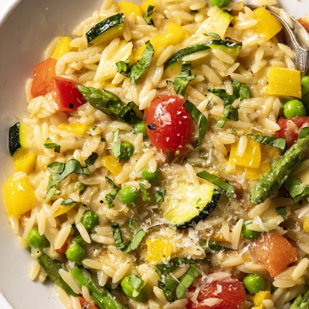 Orzo Primavera tossed with tender asparagus peas and cherry tomatoes in lemon sauce