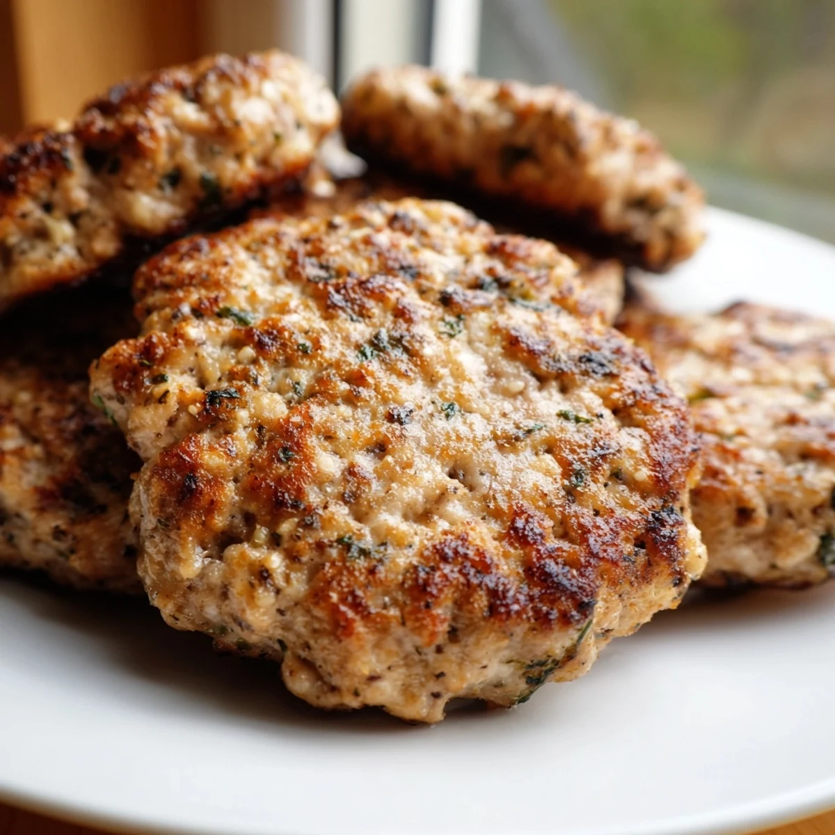 Golden brown ground turkey sausage patties sizzling in a cast iron skillet ready for breakfast