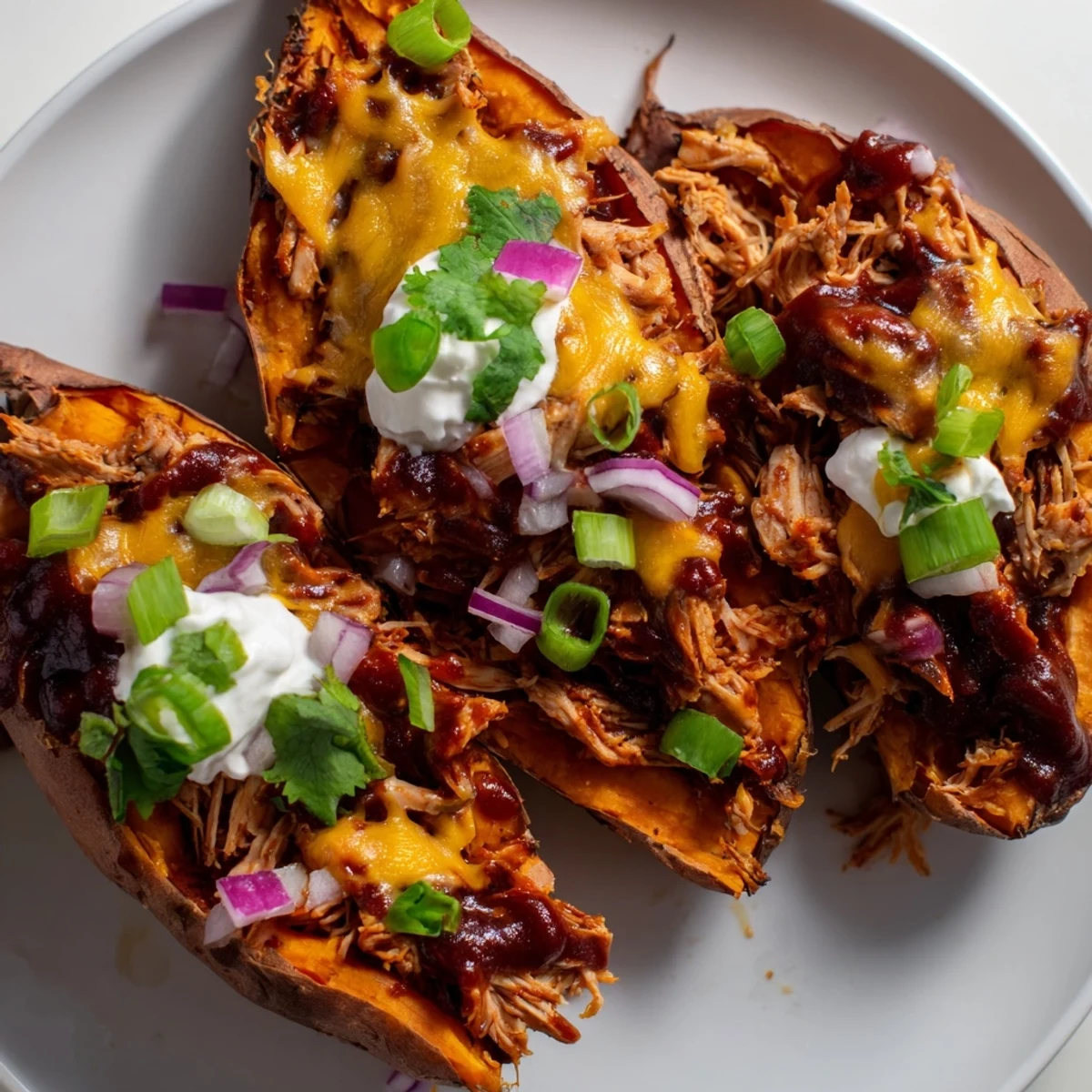 BBQ Chicken Stuffed Sweet Potatoes topped with melted cheddar and fresh green onions