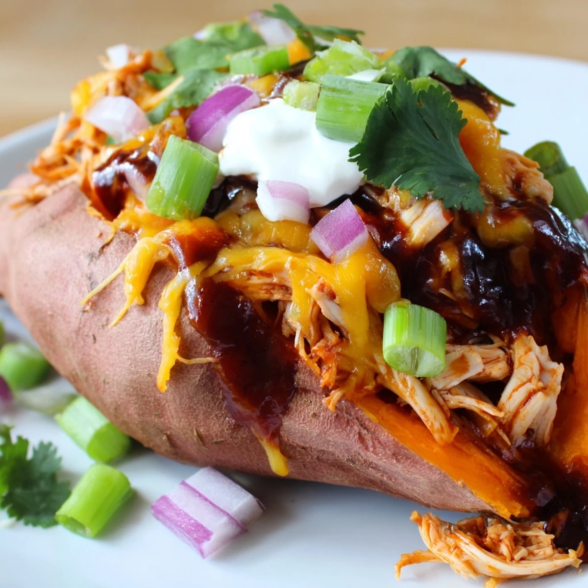 Smoky BBQ chicken piled inside tender roasted sweet potatoes with gooey cheese