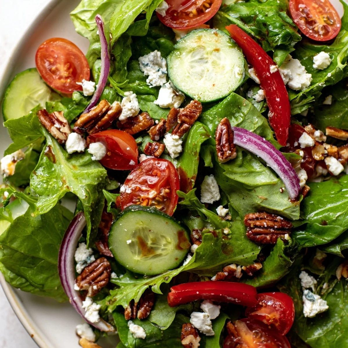 Fresh spring mix salad with colorful vegetables and tangy balsamic dressing in wooden bowl
