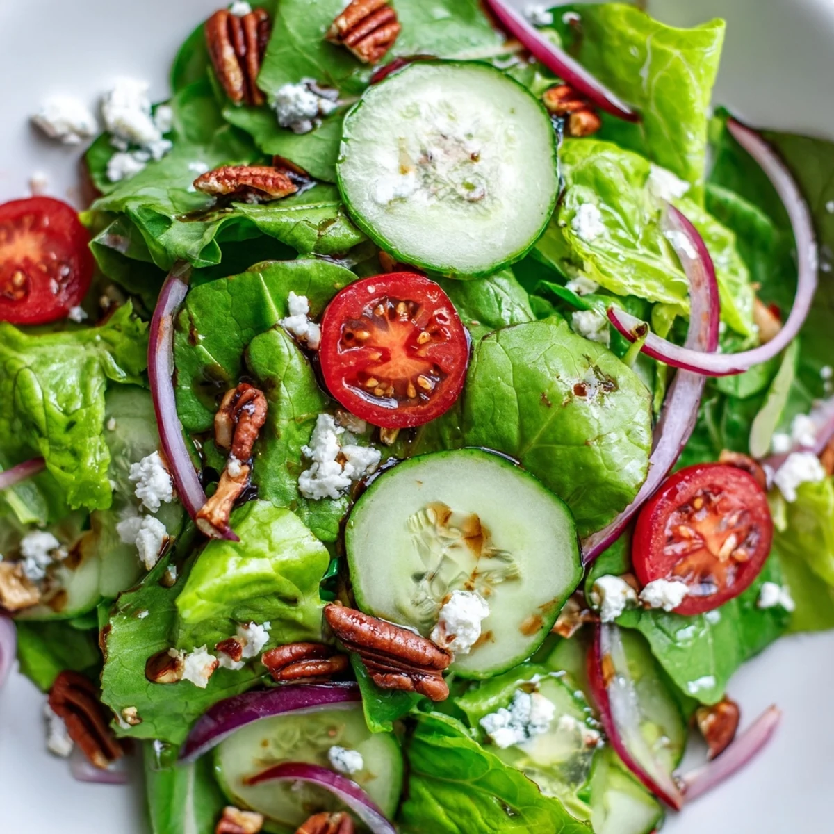 Crisp spring mix salad topped with crumbled feta cherry tomatoes and toasted pecans