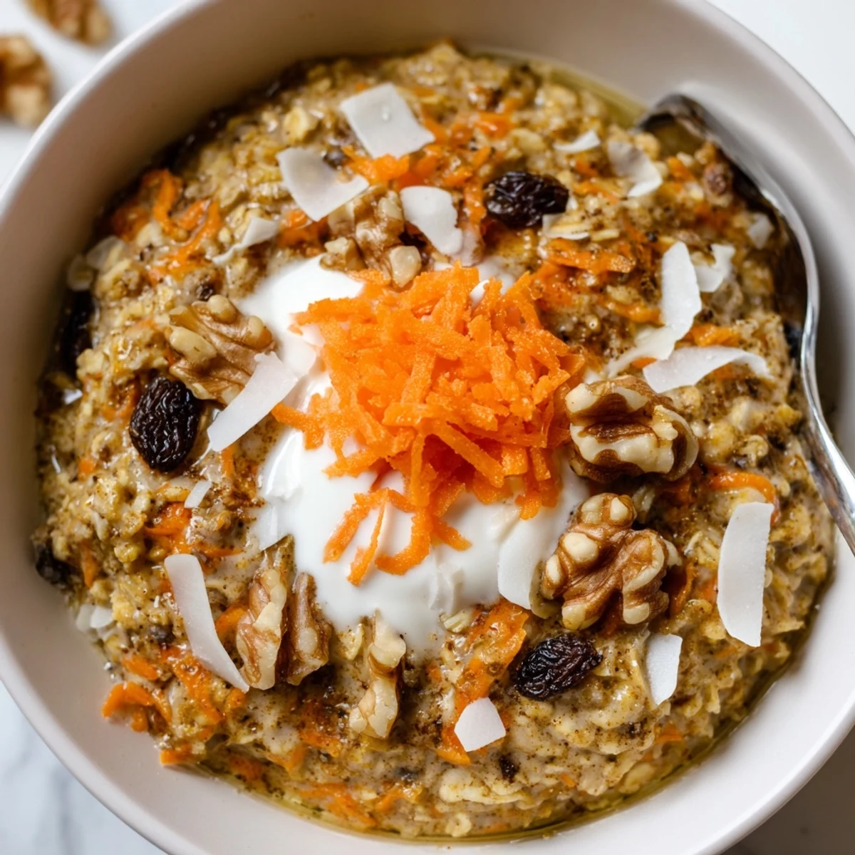 Creamy carrot cake overnight oats topped with walnuts and a sprinkle of cinnamon