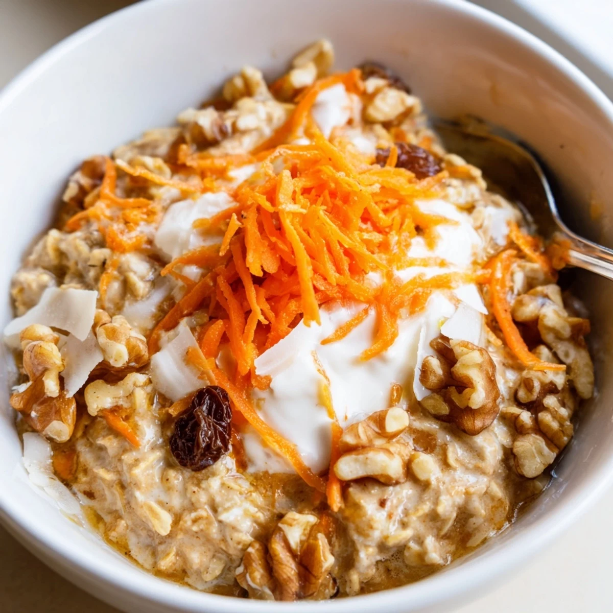 Spiced carrot cake overnight oats served cold with a drizzle of sweet maple syrup