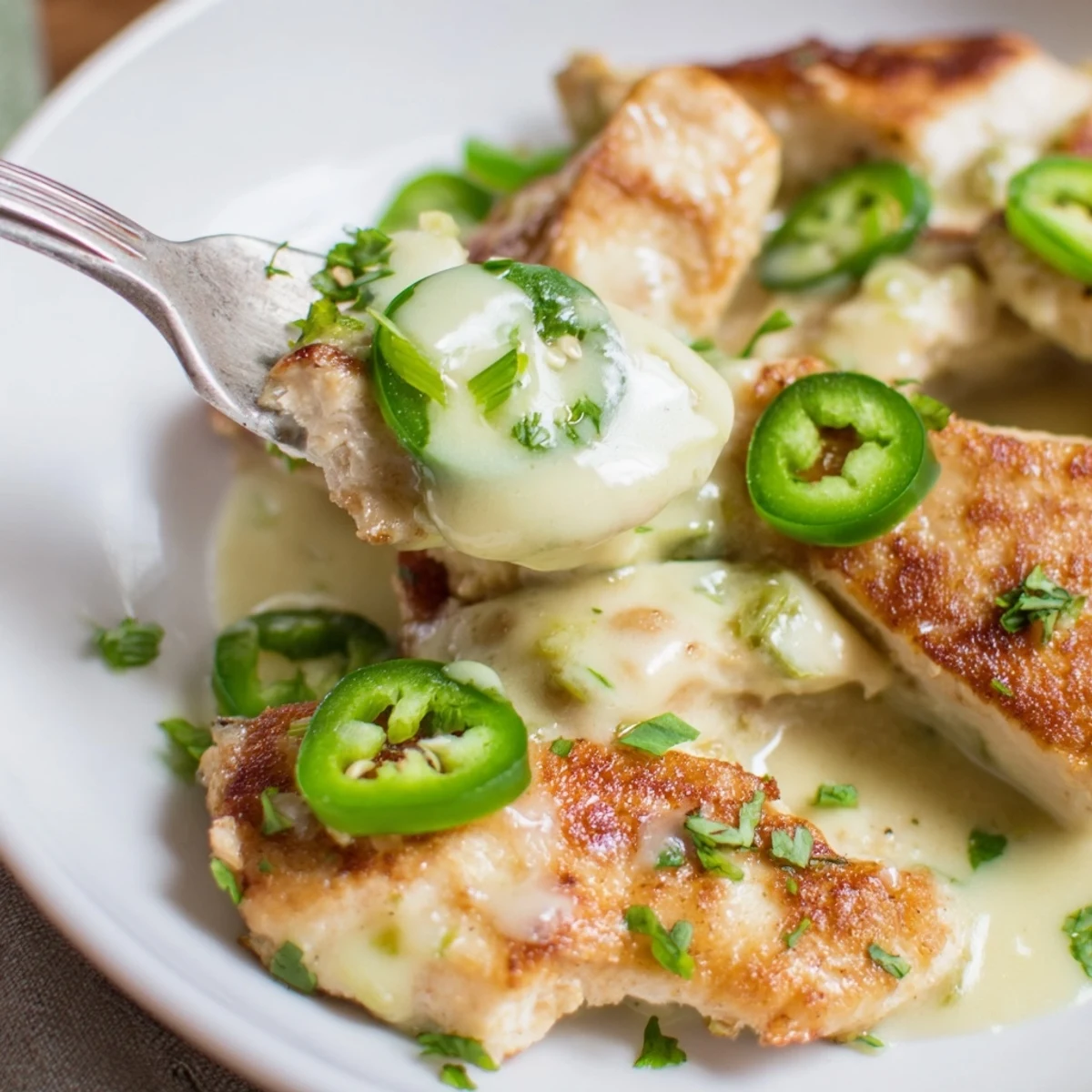 Golden jalapeno chicken breasts draped in creamy melted cheese sauce with fresh cilantro garnish