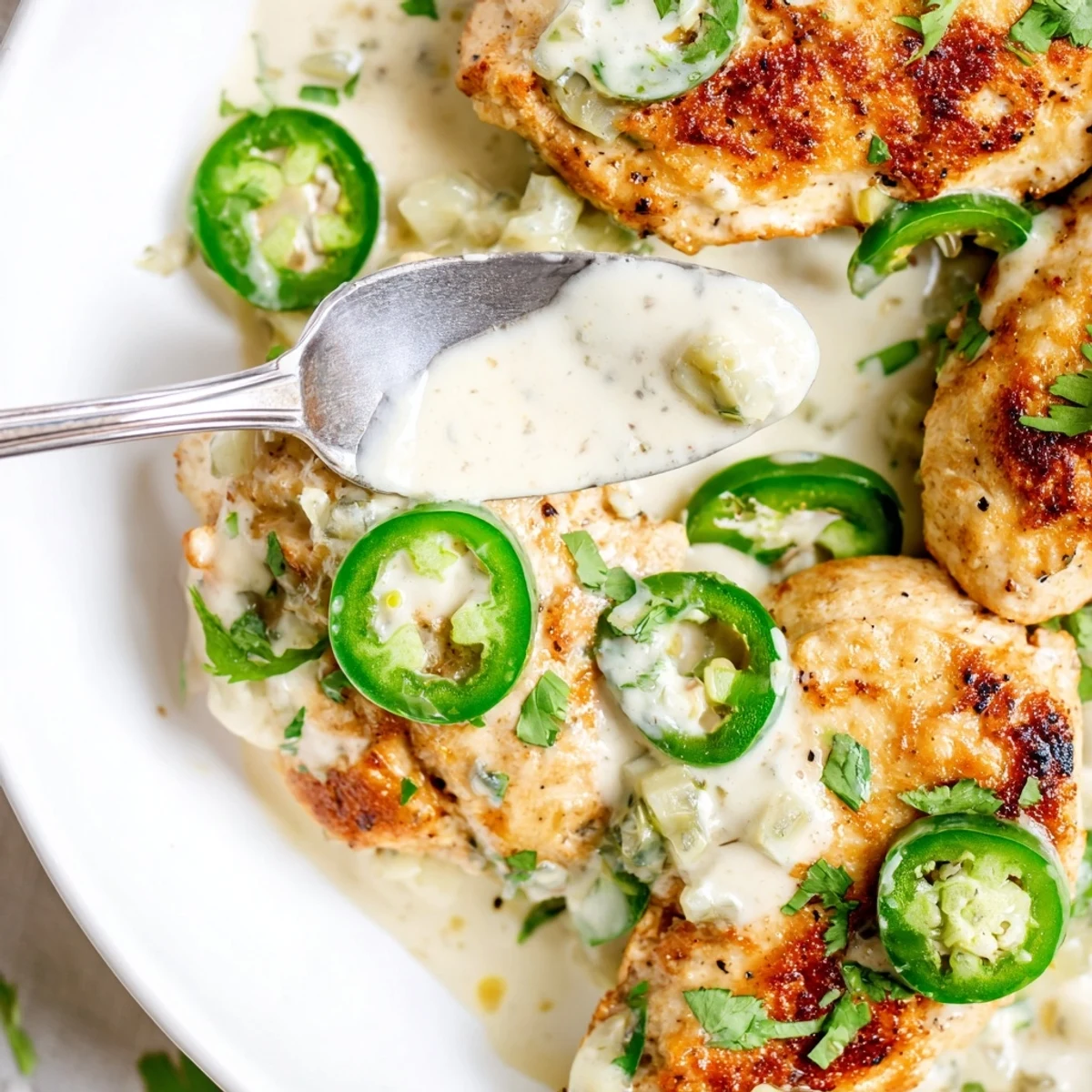 Spicy jalapeno chicken simmering in rich garlic cream sauce topped with sliced jalapeño rings