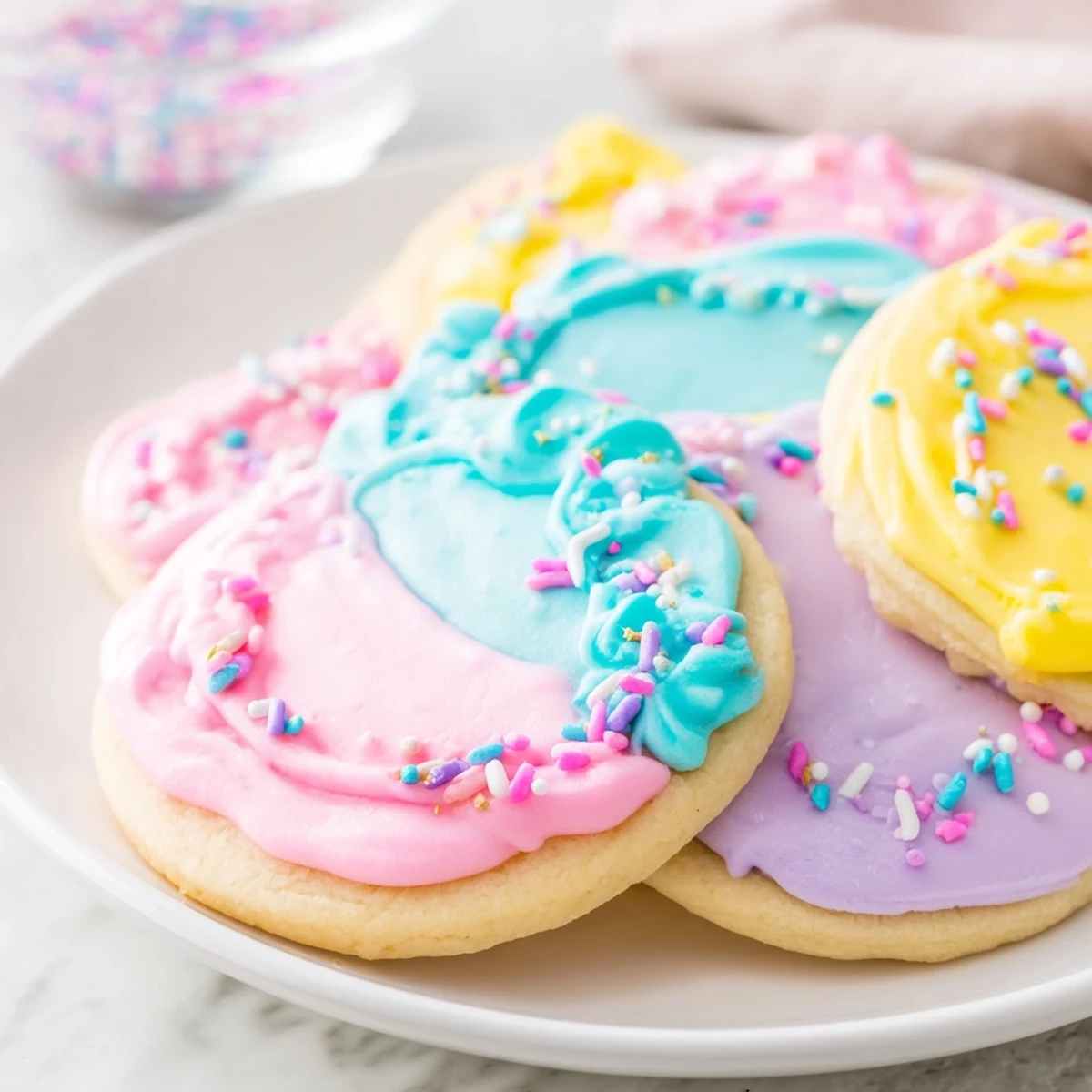 Soft Easter cookies decorated with pastel royal icing and colorful sprinkles on a white platter