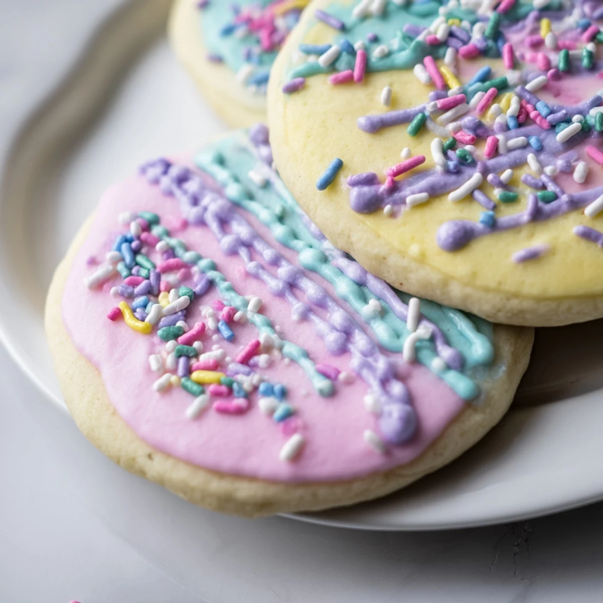 Buttery Easter cookies shaped like eggs and bunnies arranged on a rustic wooden cutting board