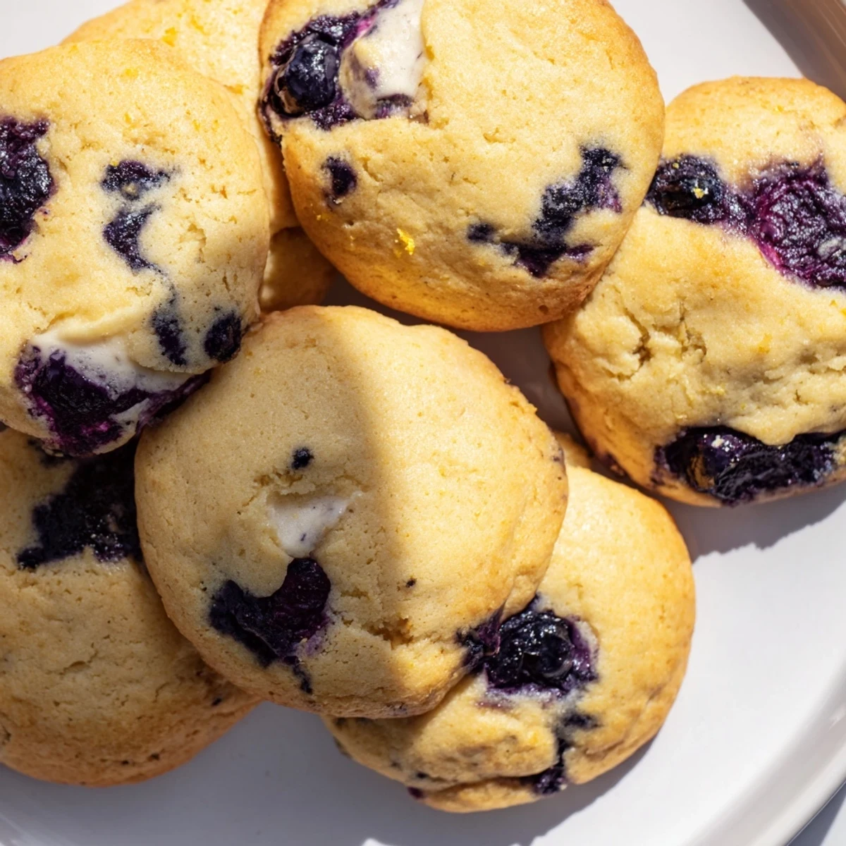 Soft lemon blueberry cheesecake cookies with golden edges and creamy centers on a rustic baking sheet