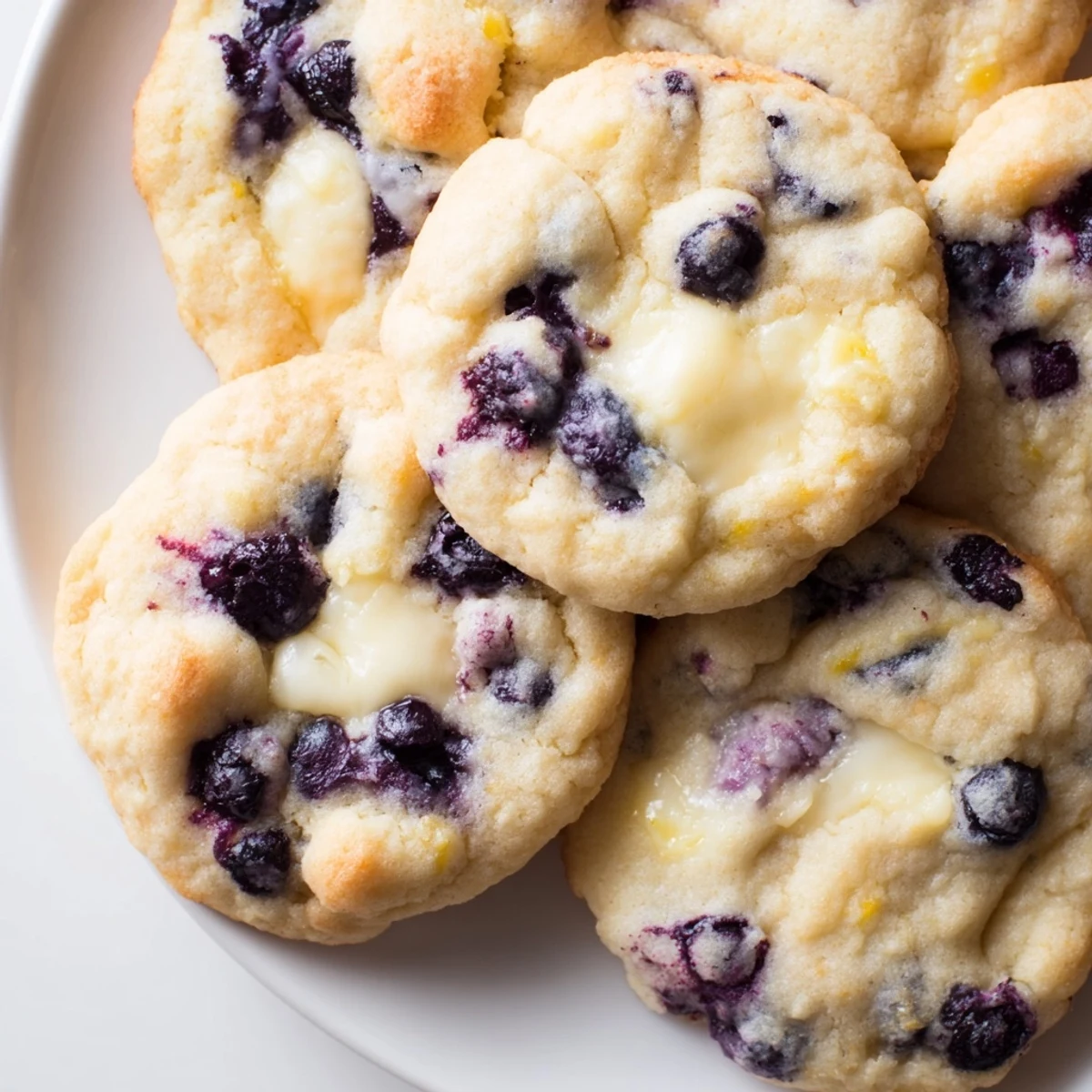 Chewy lemon blueberry cheesecake cookies studded with purple berries and drizzled with sweet glaze