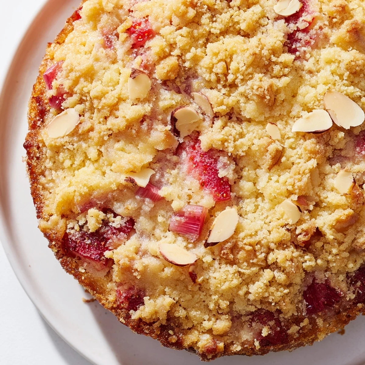 Golden lemon rhubarb strawberry cake with crunchy almond streusel topping on white plate