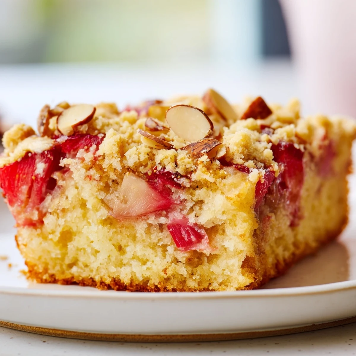 Tender spring cake with juicy strawberries, tangy rhubarb, and buttery almond crumbles
