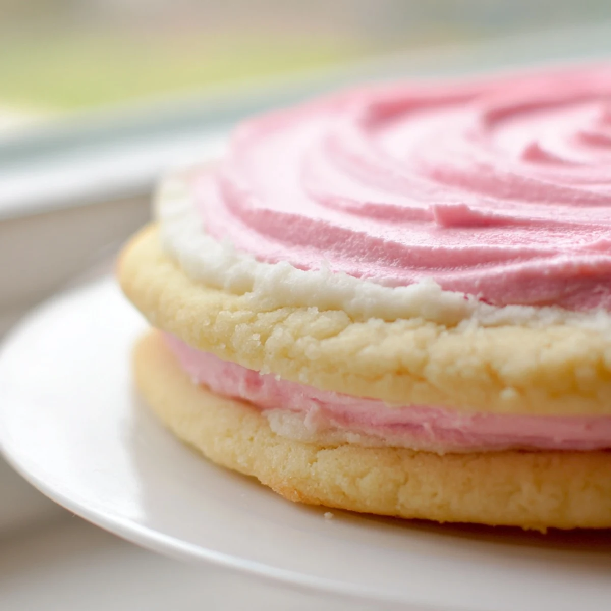 Soft pastel sugar cookie sandwiches with swirled buttercream filling on a white plate