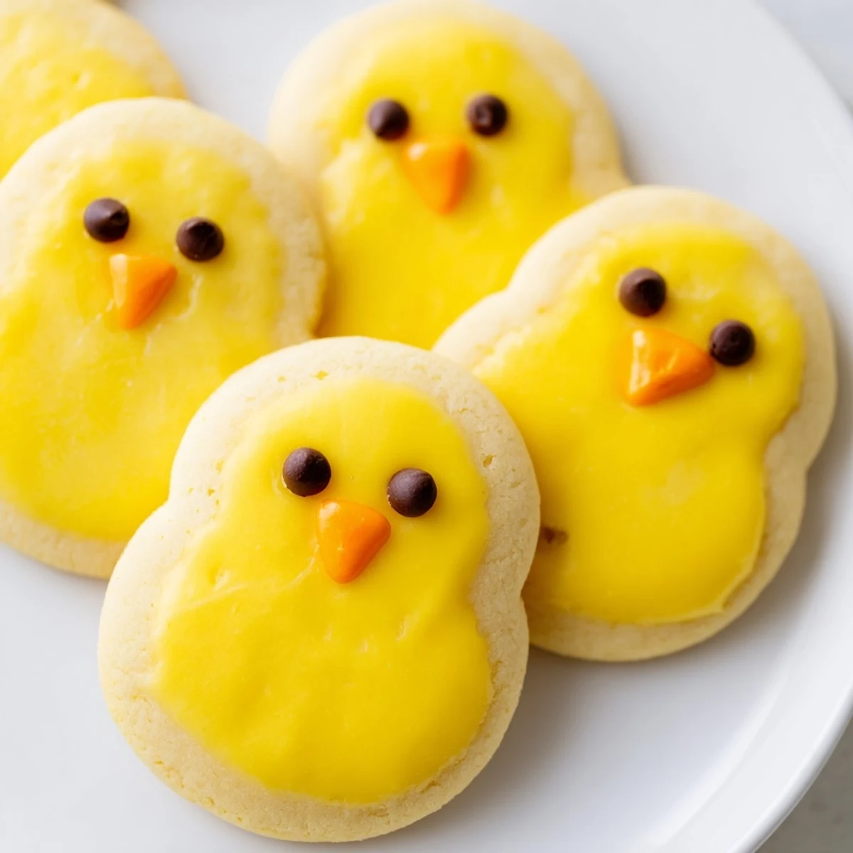 Adorable chick cookies with bright yellow frosting and cute faces arranged on a rustic white serving platter