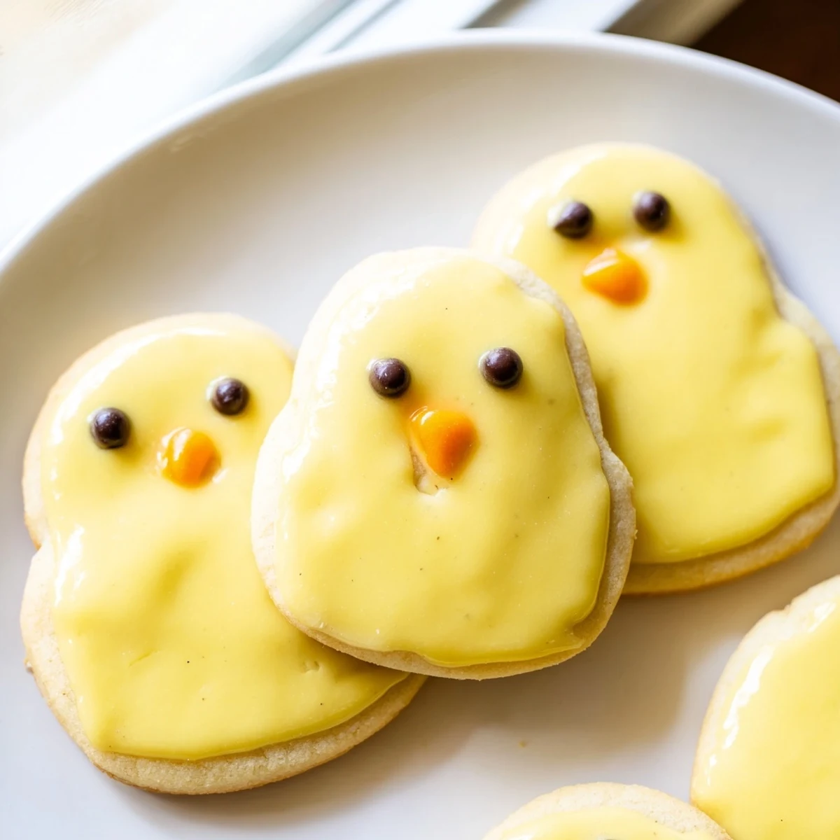 Golden chick cookies featuring chocolate chip eyes and orange candy beaks ready for spring party