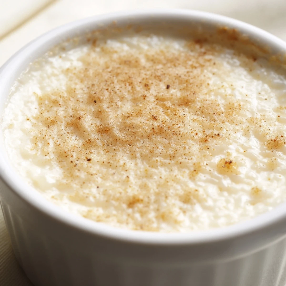 Creamy Portuguese rice custard topped with golden cinnamon sugar in white ramekins