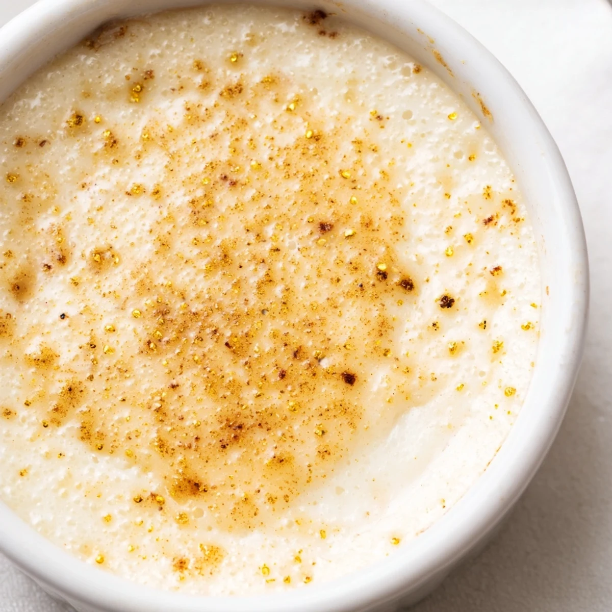 Silky Portuguese rice custard with tender grains served in individual dessert dishes