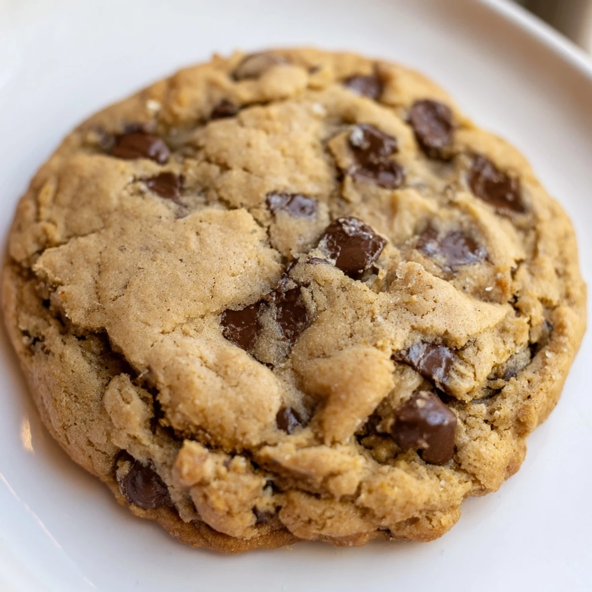 Soft nut free chocolate chip cookies with golden edges on a white ceramic plate