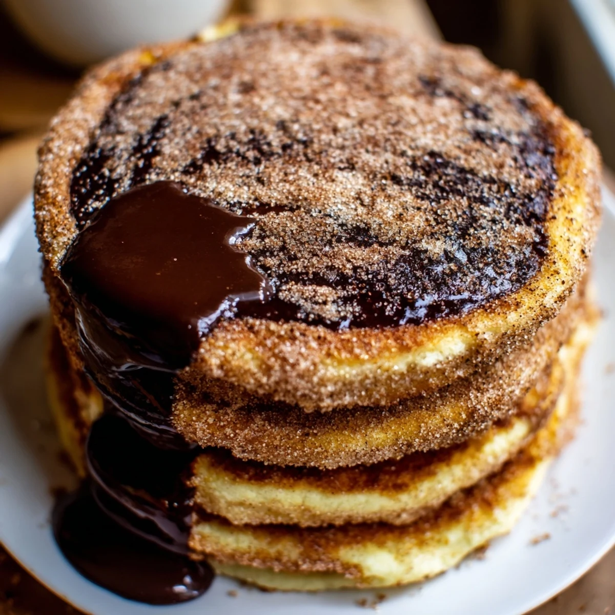 Fluffy Spanish churro pancakes stacked high with warm chocolate sauce drizzled on top