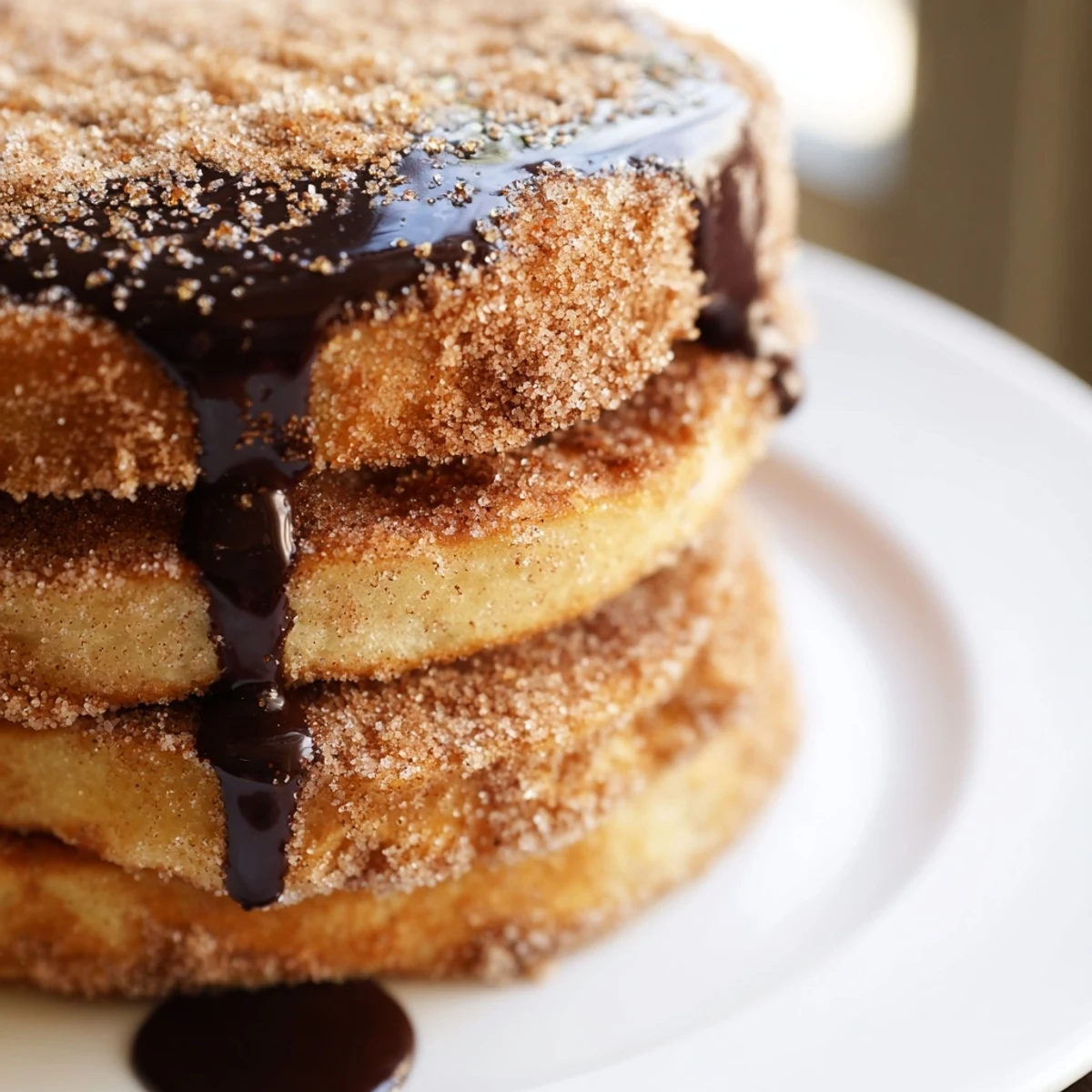 Golden cinnamon sugar coated Spanish churro pancakes served with rich dipping chocolate