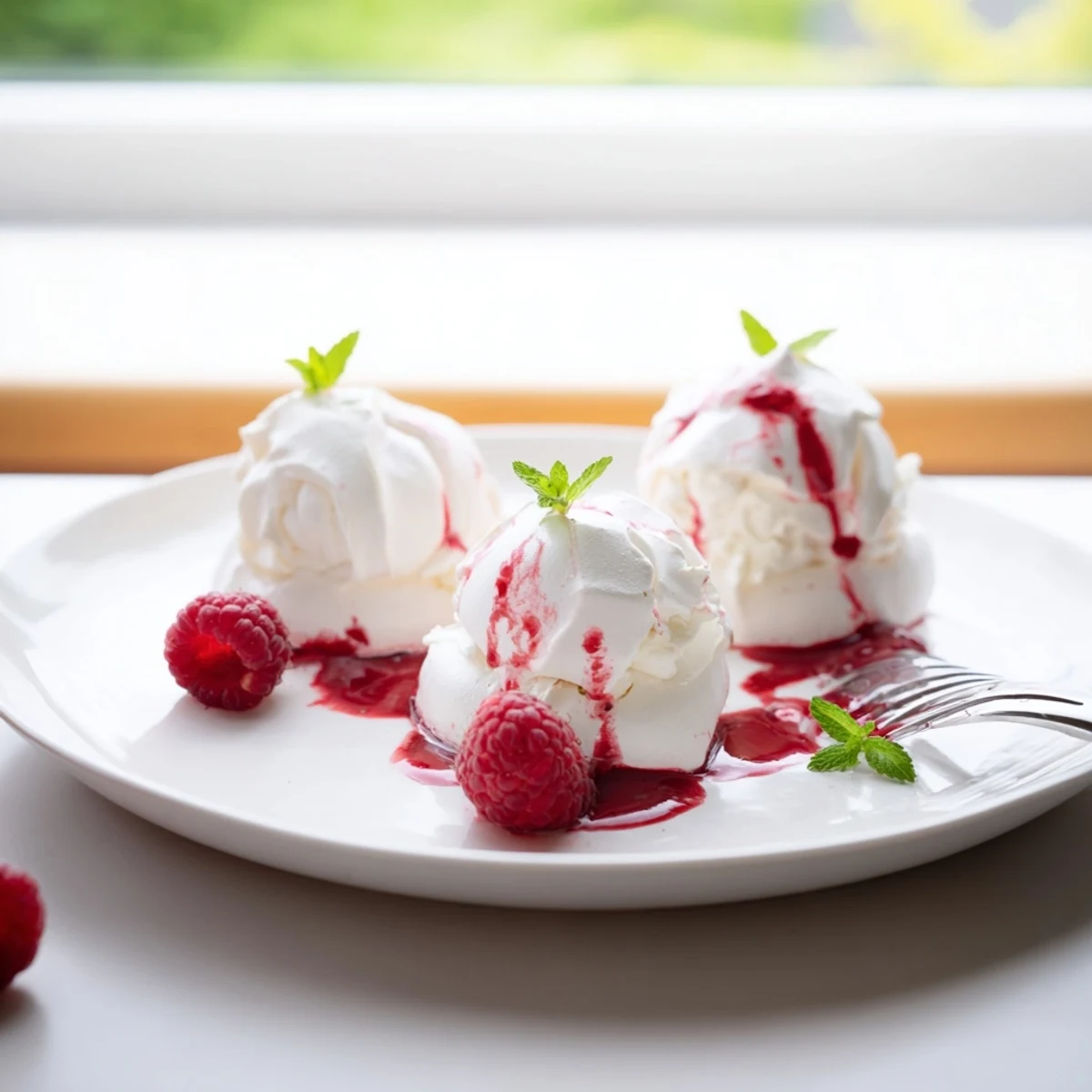 Crisp Pavlova Bombs topped with billowy whipped cream and bright red raspberry coulis drizzle