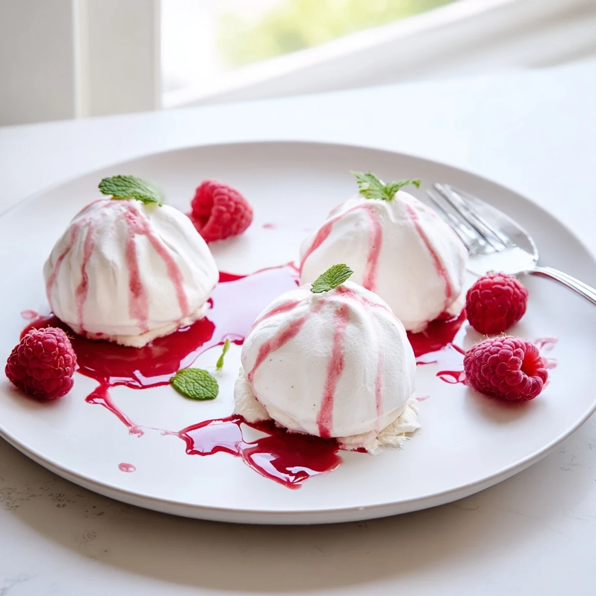 Golden meringue Pavlova Bombs filled with vanilla cream and tangy fresh raspberry sauce