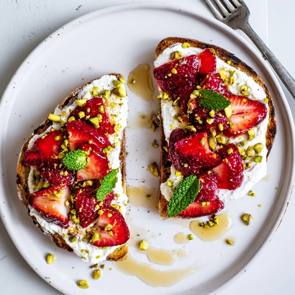 Golden crispy toast topped with creamy whipped ricotta and sweet roasted strawberry syrup