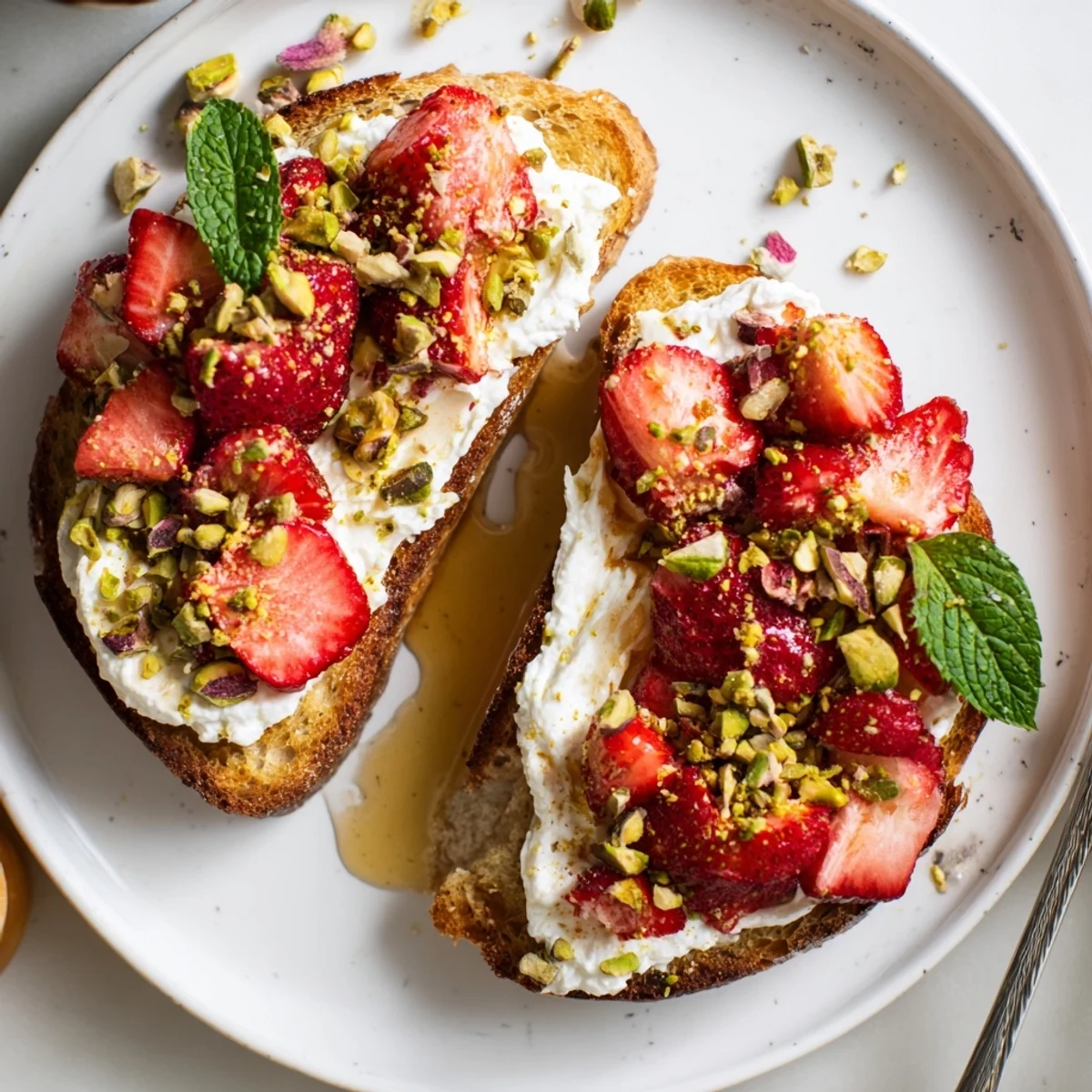 Roasted Strawberry Whipped Ricotta Toast garnished with fresh mint and honey drizzle