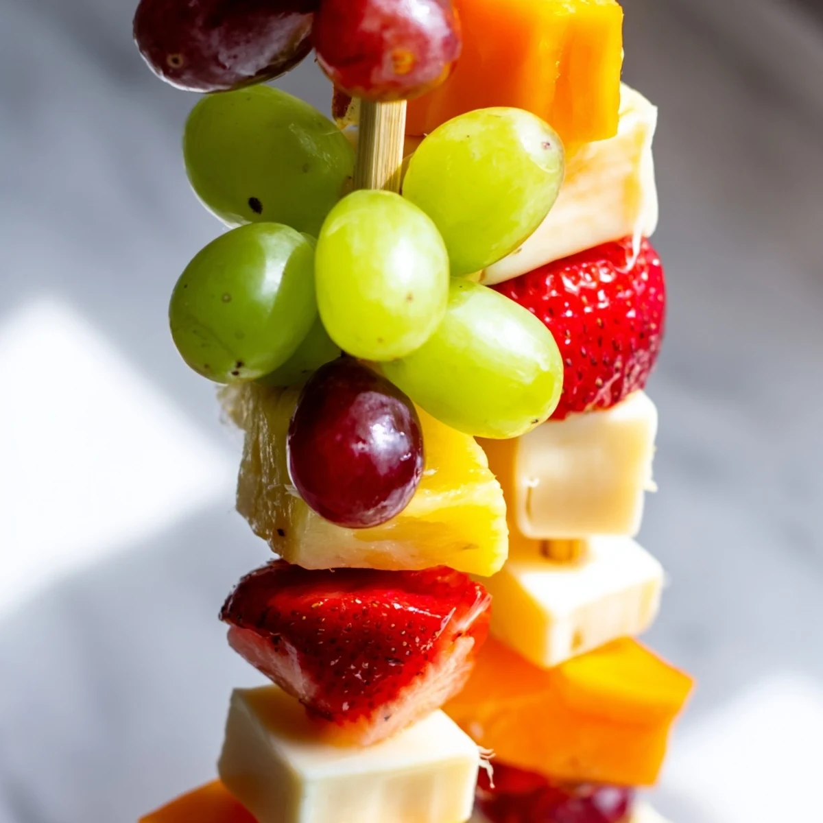 Colorful fruit and cheese kabobs arranged on platter with grapes strawberries pineapple and cheddar cubes