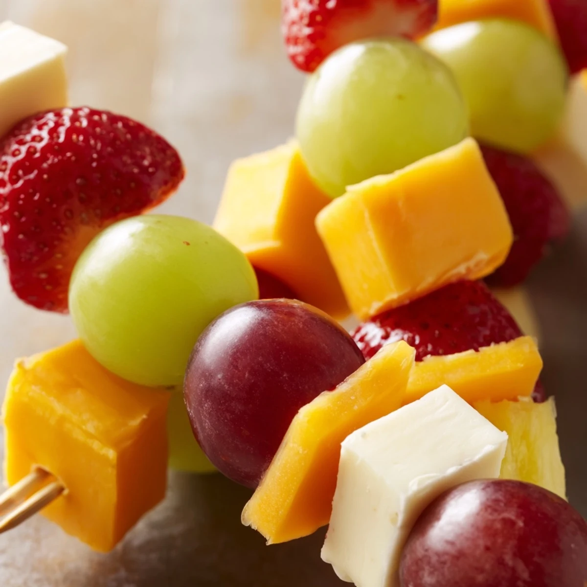 Fresh fruit and cheese kabobs featuring alternating cubes of cheddar mozzarella grapes and sweet pineapple