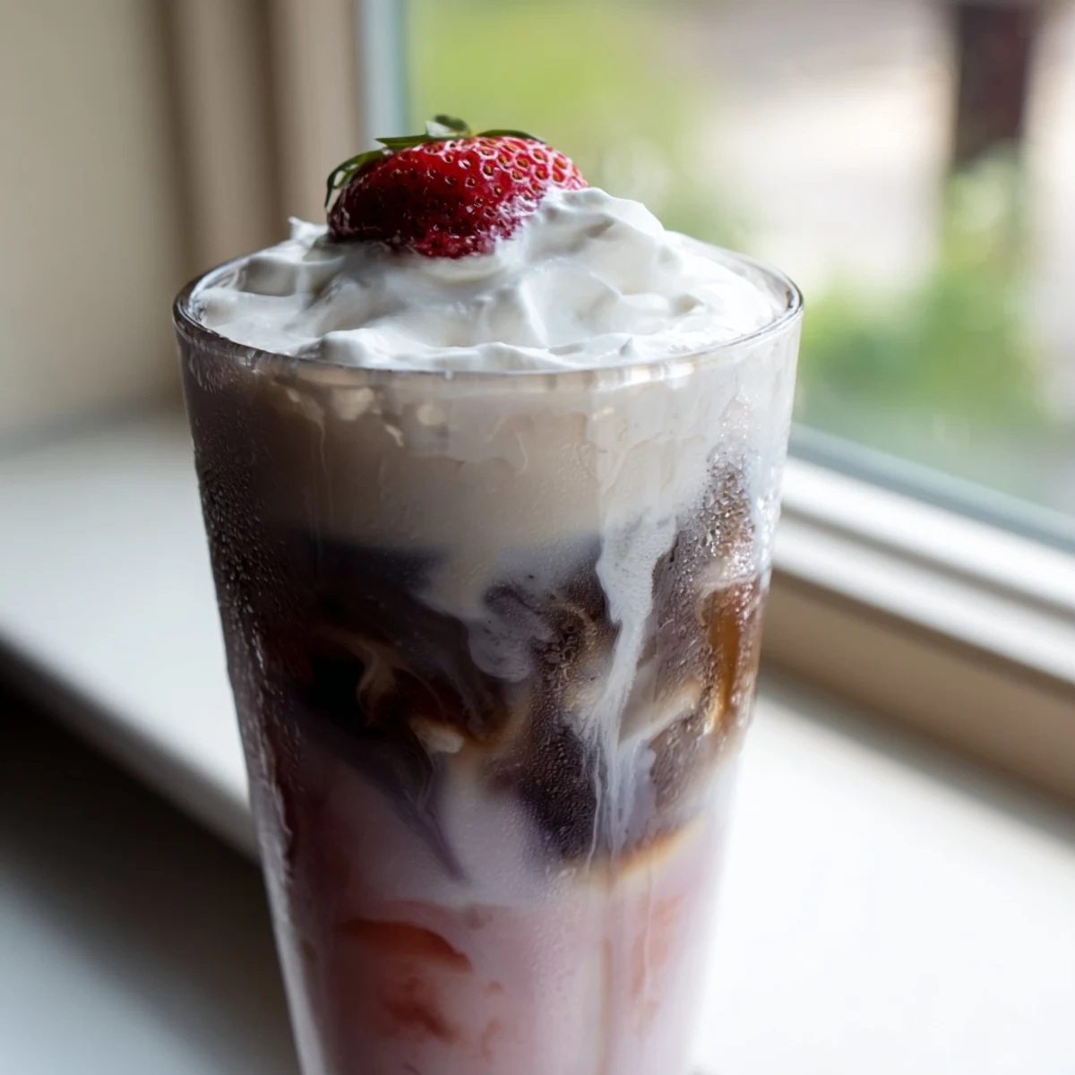 Creamy strawberry cold latte in a tall glass with swirled pink layers and ice