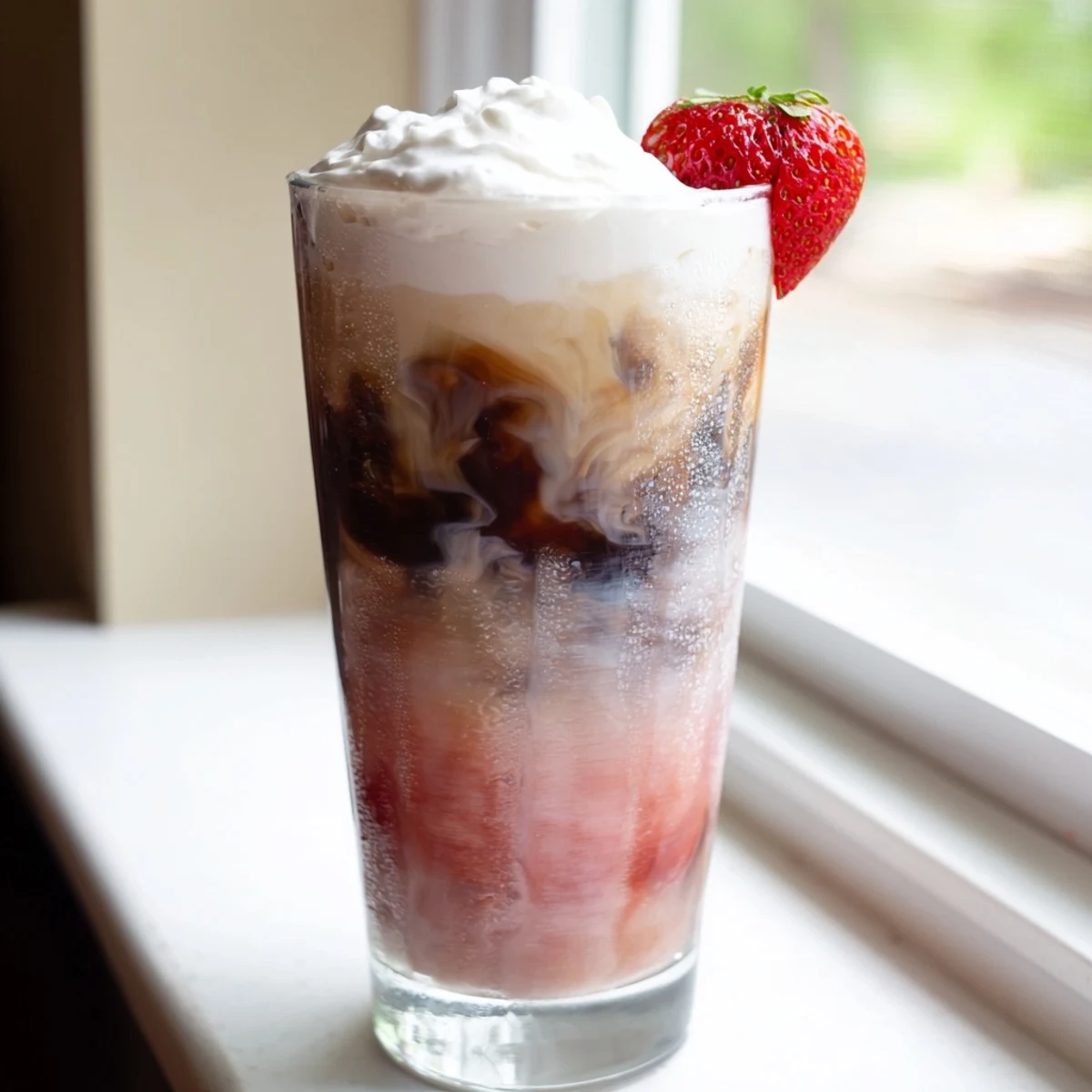 Refreshing strawberry cream cold latte topped with fluffy whipped cream and fresh berry garnish
