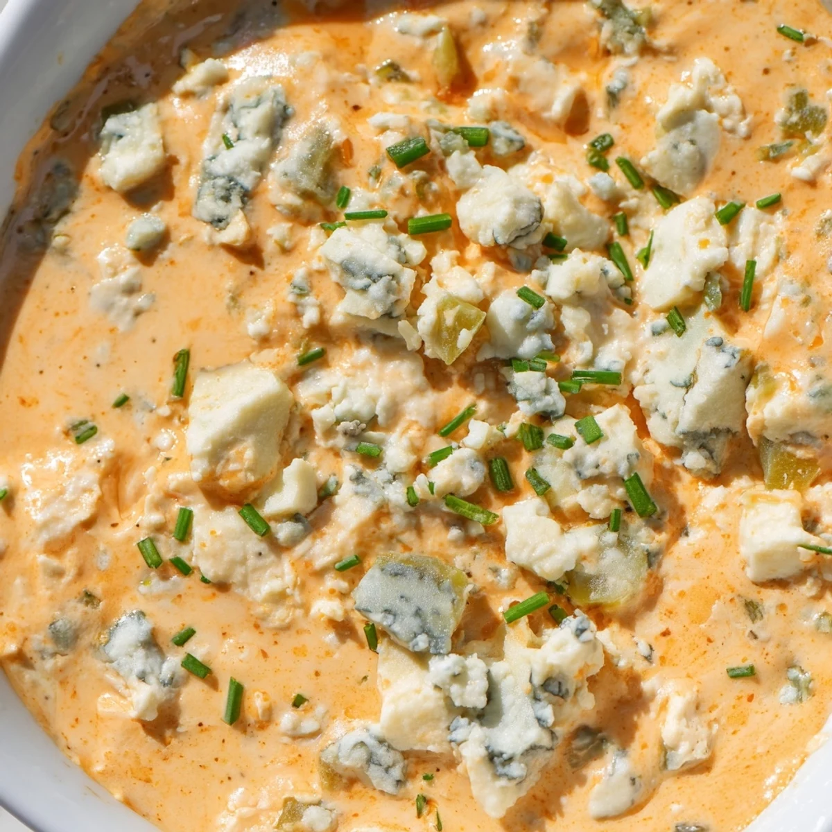 Tangy buffalo pickle dip topped with fresh chives and pickle slices ready for serving