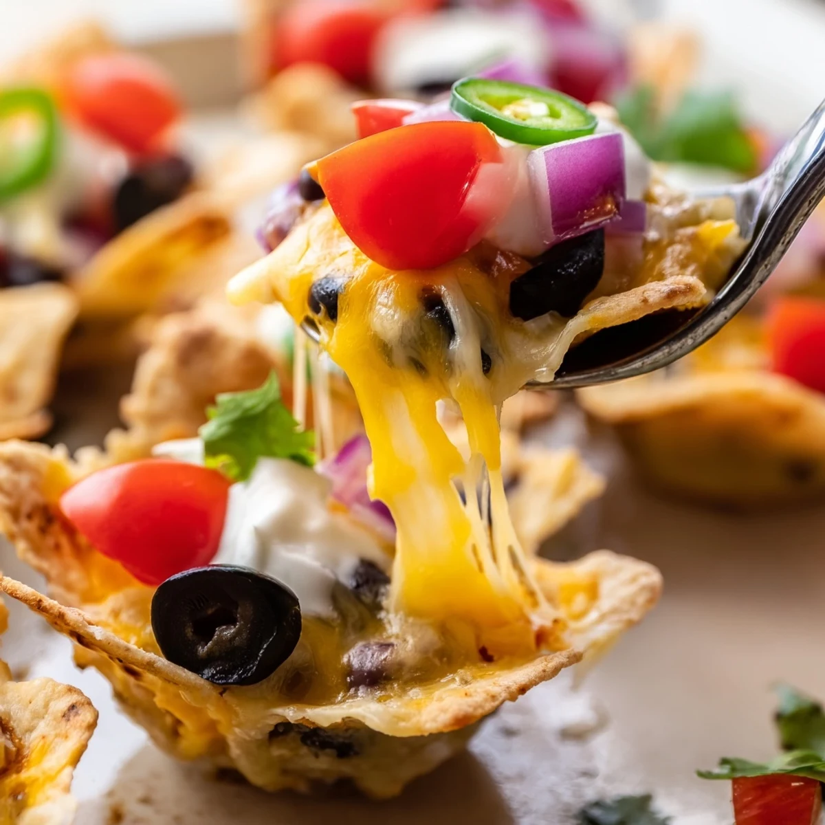 Golden cheesy nacho cups bubbling with melted cheddar and colorful fresh toppings in muffin tin