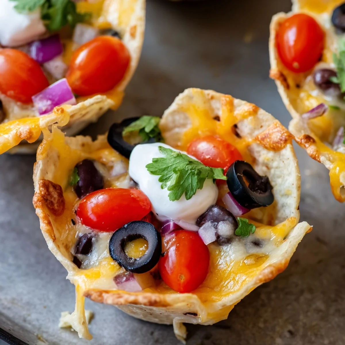 Crispy tortilla cups overflowing with gooey melted cheese, black beans, and vibrant diced tomatoes