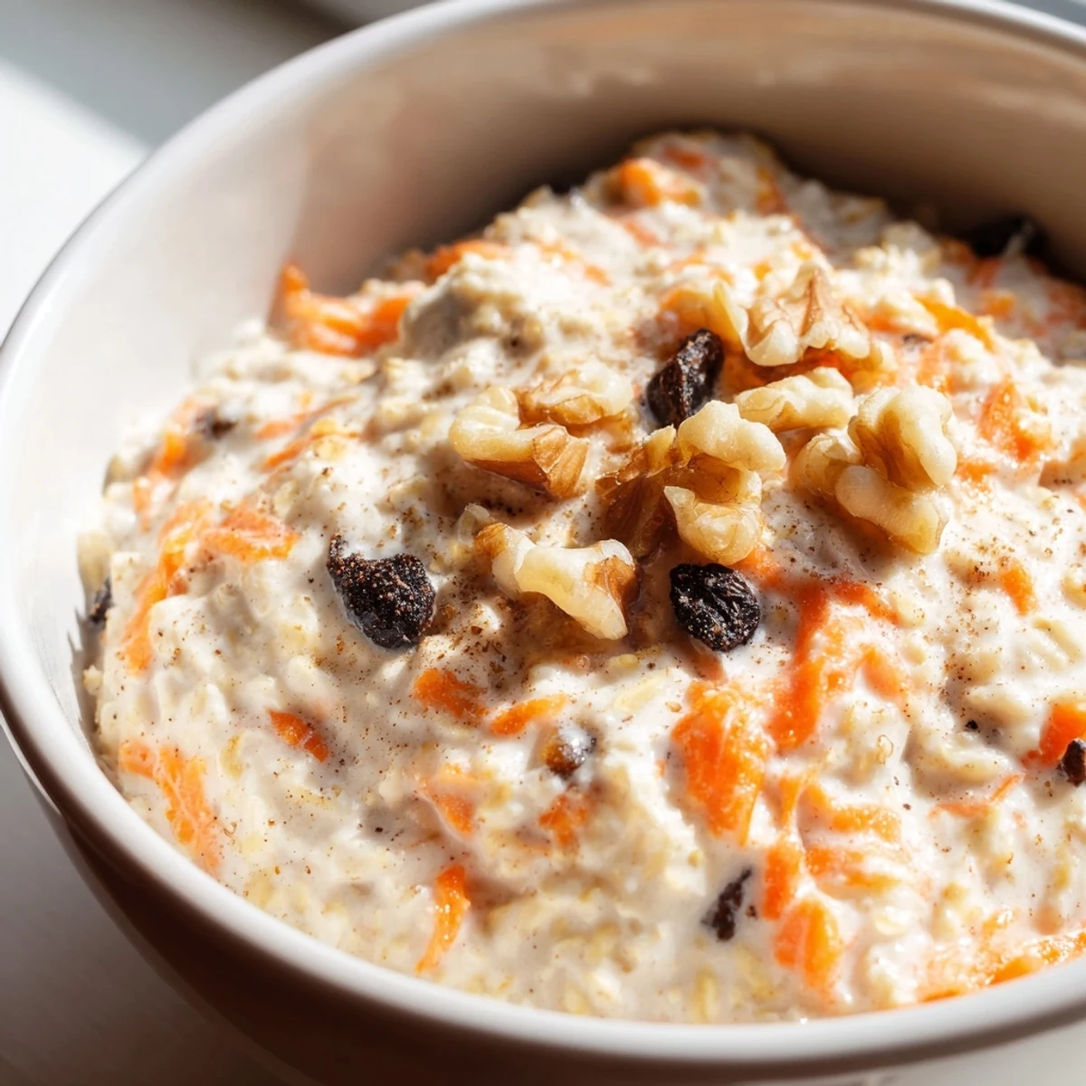 Creamy carrot cake overnight oats topped with crushed walnuts and a cinnamon sprinkle in a glass jar