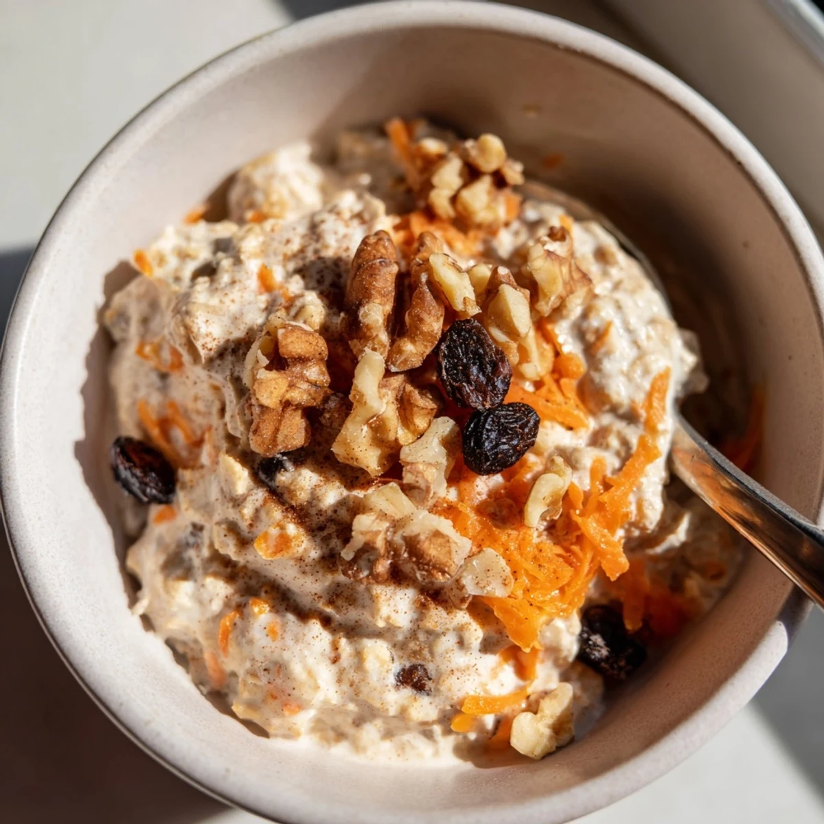 Thick spiced carrot cake overnight oats studded with raisins and grated carrots in a mason jar