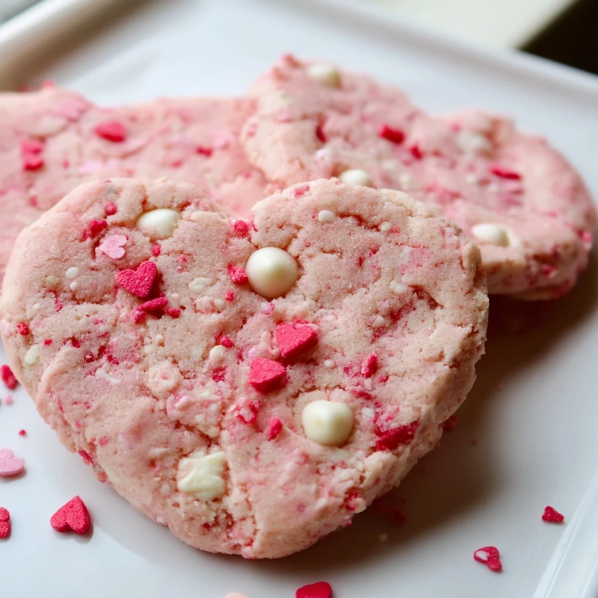 Soft pink Valentine strawberry cookies with white chocolate chips on a rustic baking sheet