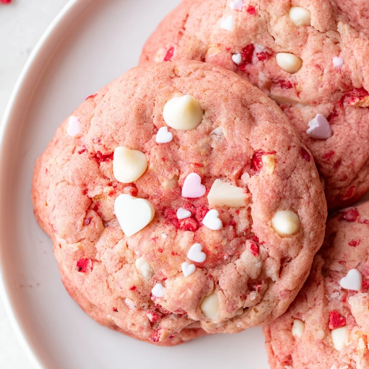 Chewy Valentine strawberry cookies studded with white chocolate and topped with heart sprinkles